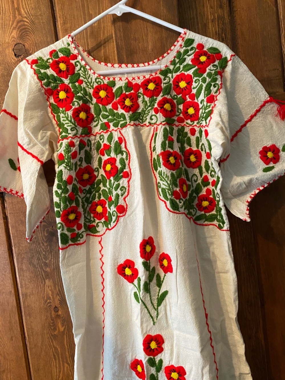Vintage Cream Maxi Dress with Red & Green Floral Crewel Embroidery - Picture 2 of 3